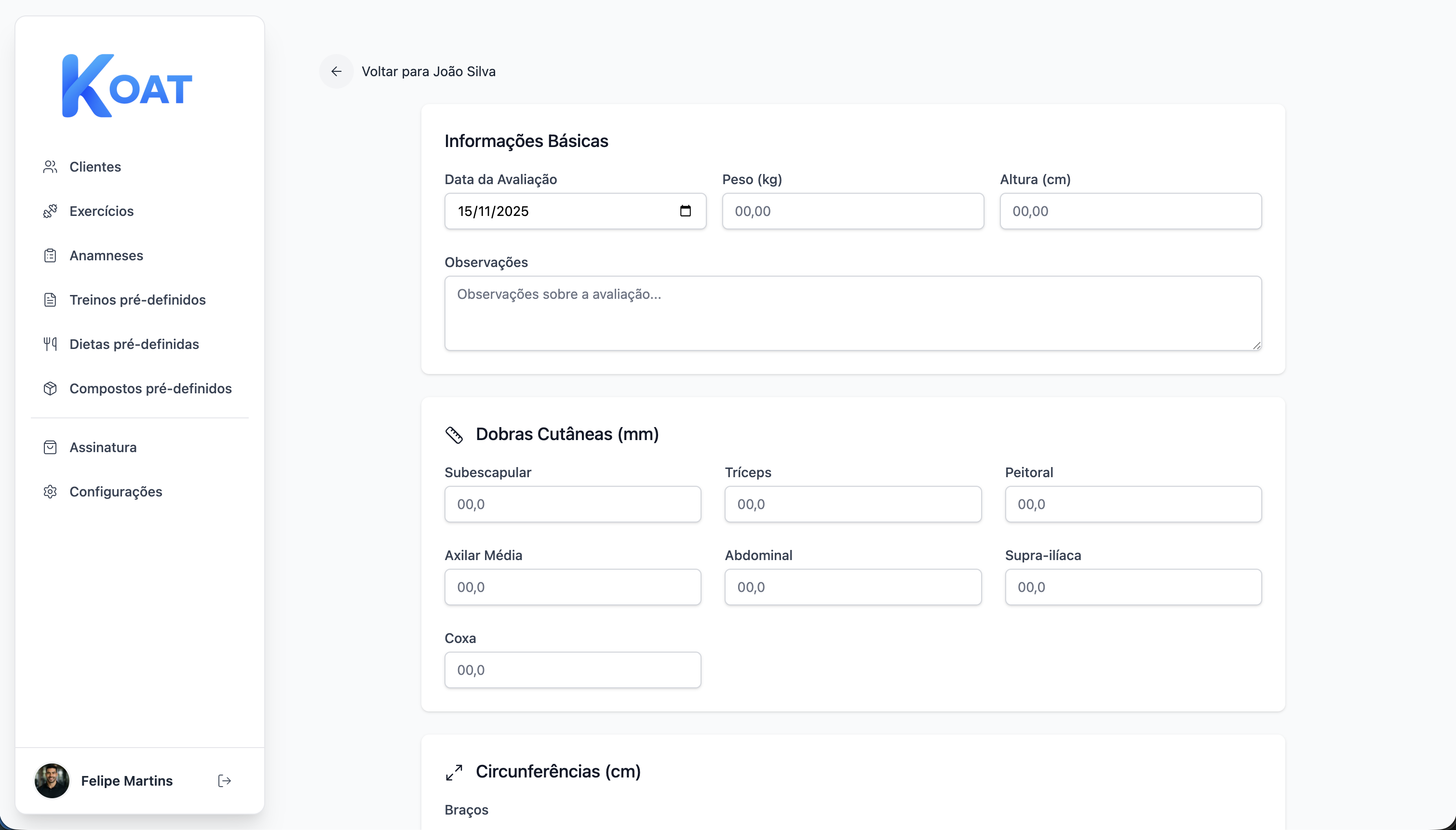 Formulário de avaliação antropométrica Pollock 7 dobras