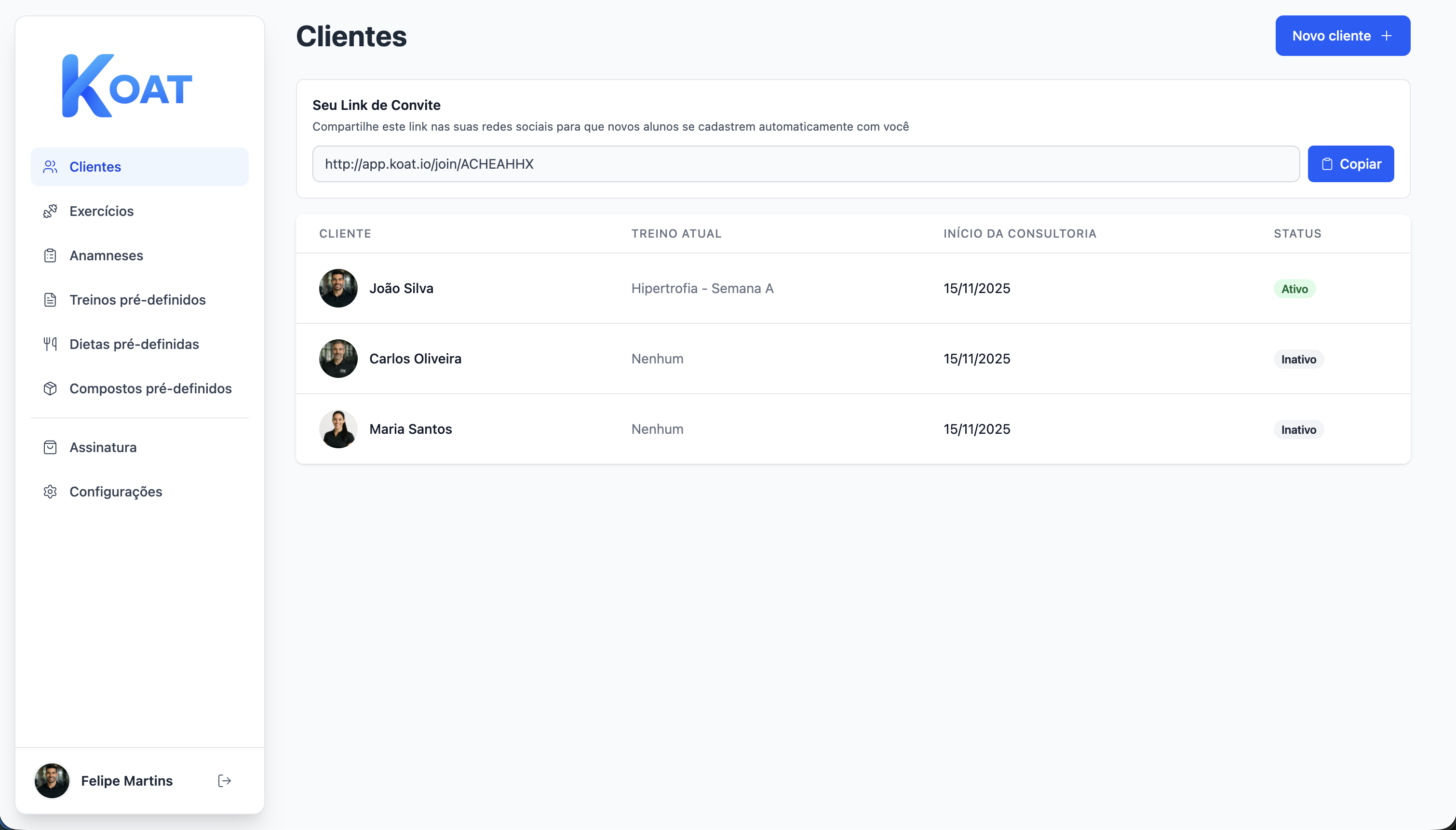 Dashboard do coach com lista de clientes