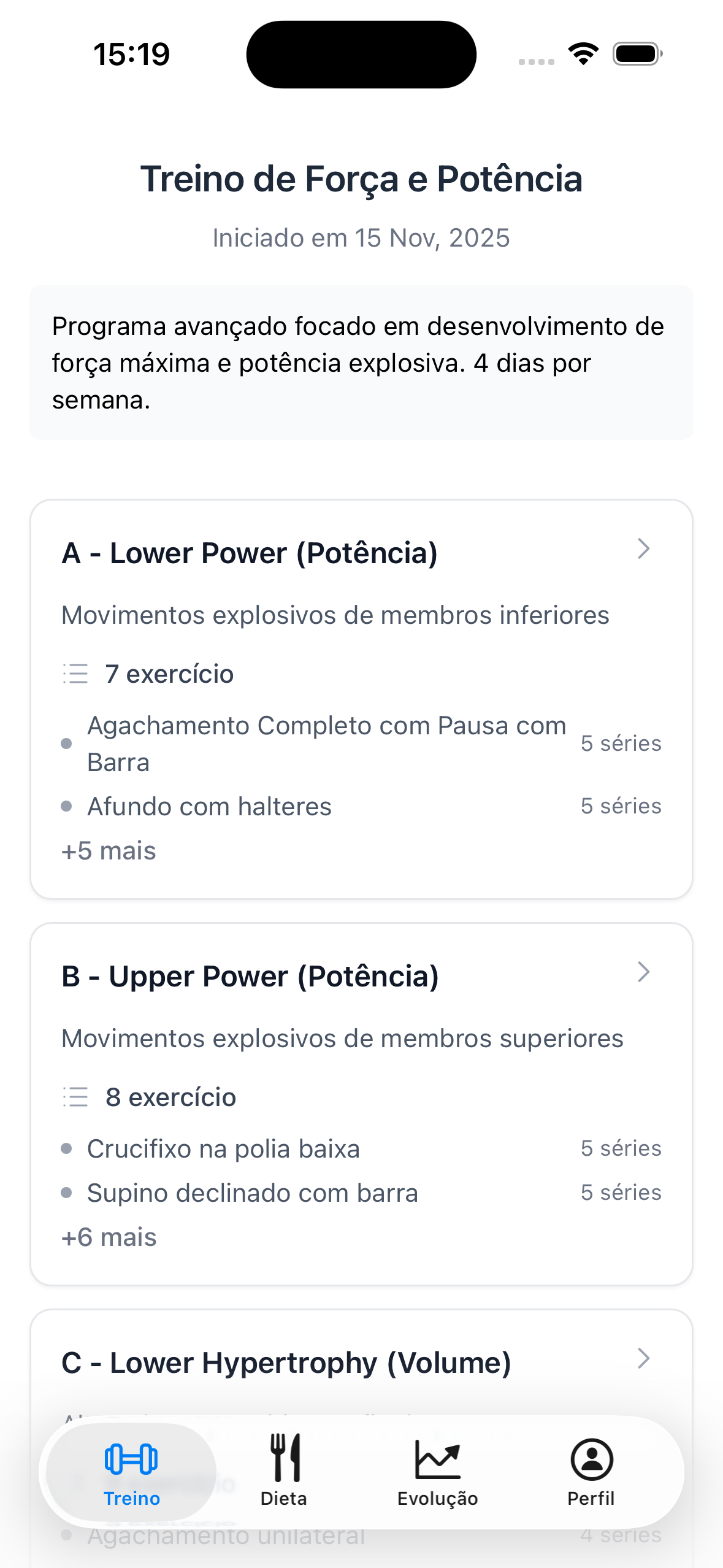 App do aluno - Lista de treinos
