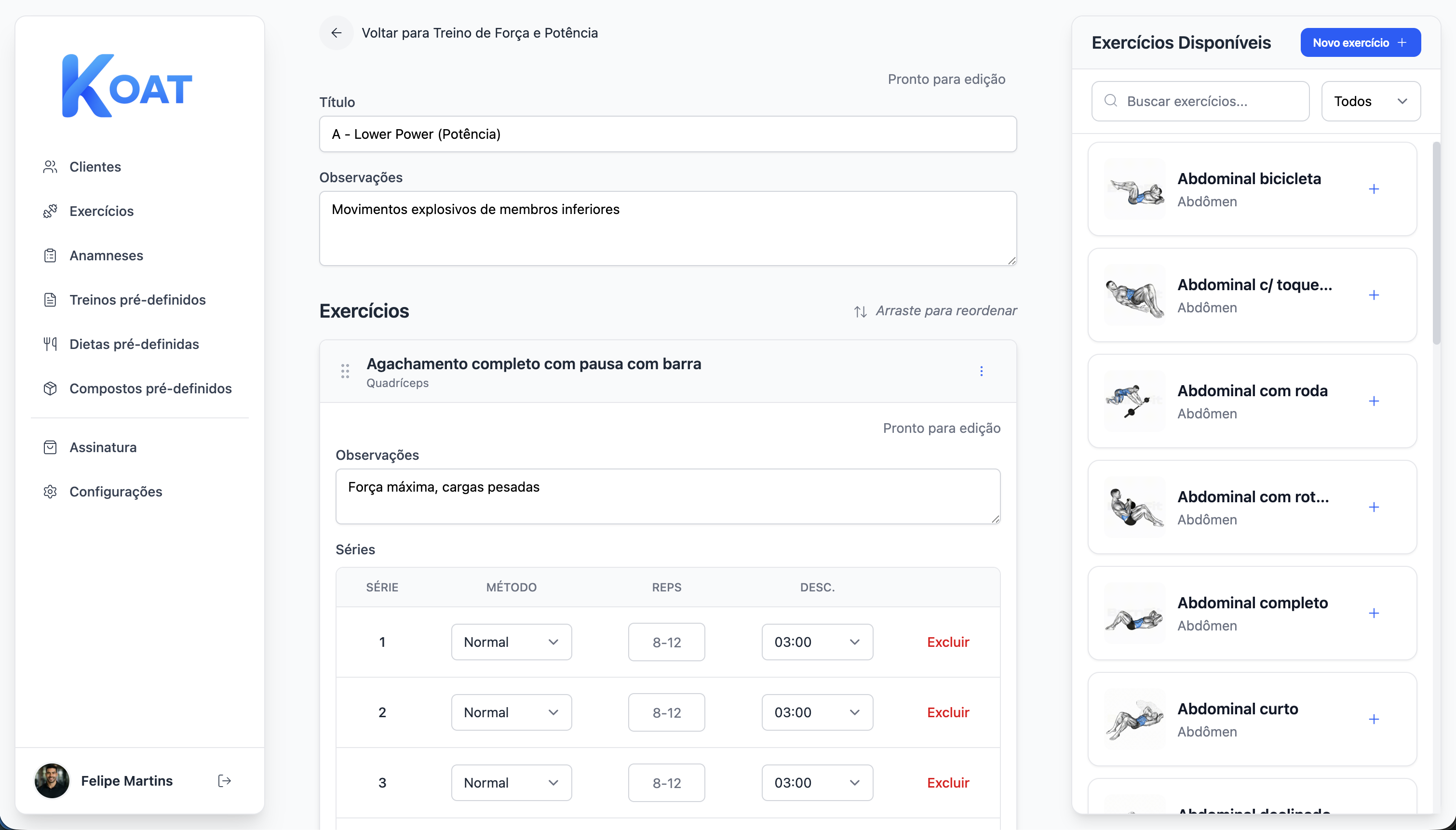 Editor de treinos com biblioteca de exercícios